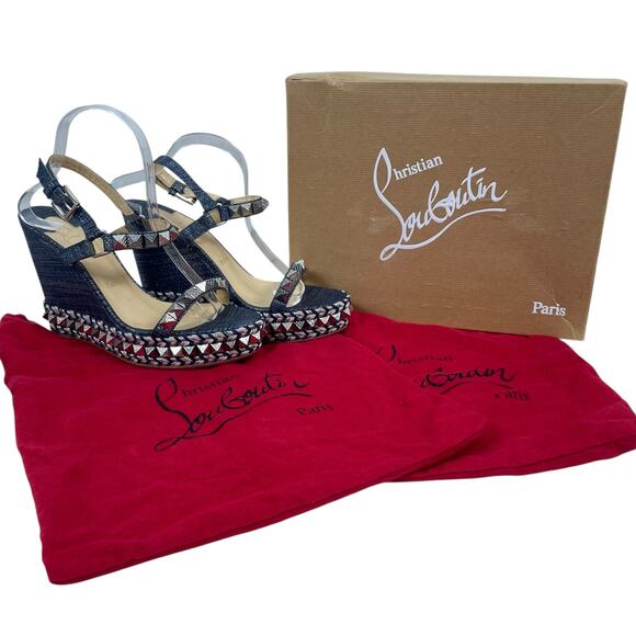 Christian Louboutin Lame Lux Pyraclou 110 Denim Wedge Sandal Blue Size 41 - Picture 11 of 12